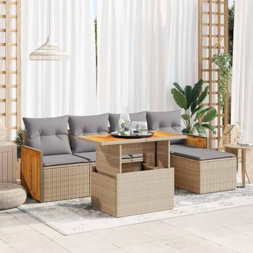 BOWEKAM Möbel, Outdoor-Möbel, Gartenmöbel-Sets, 6-teiliges Gartensofa-Set mit Kissen, Poly-Rattan-Akazie, Beige von BOWEKAM