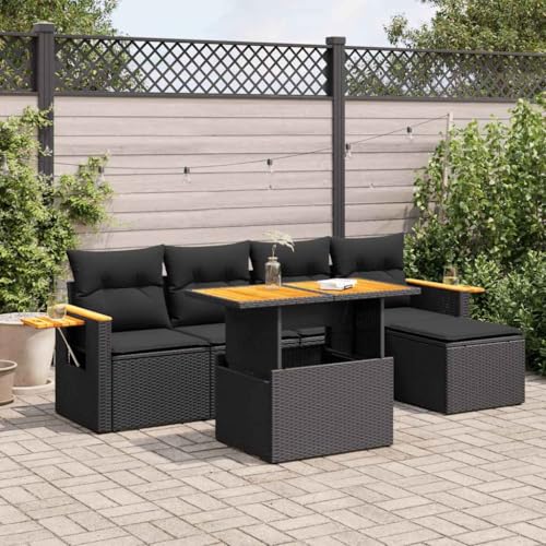BOWEKAM Möbel, Outdoor-Möbel, Gartenmöbel-Sets, 6-teiliges Gartensofa-Set mit Kissen, schwarzes Polyrattan-Akazie von BOWEKAM
