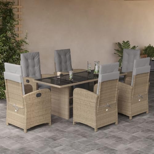 BOWEKAM Möbel, Outdoor-Möbel, Gartenmöbel-Sets, 7-teiliges Garten-Ess-Set mit Kissen, Beige, Polyrattan von BOWEKAM