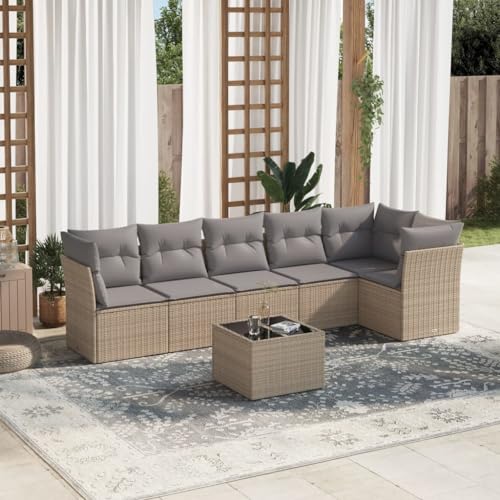 BOWEKAM Möbel, Outdoor-Möbel, Gartenmöbel-Sets, 7-teiliges Gartensofa-Set mit Kissen, Beige, Polyrattan von BOWEKAM