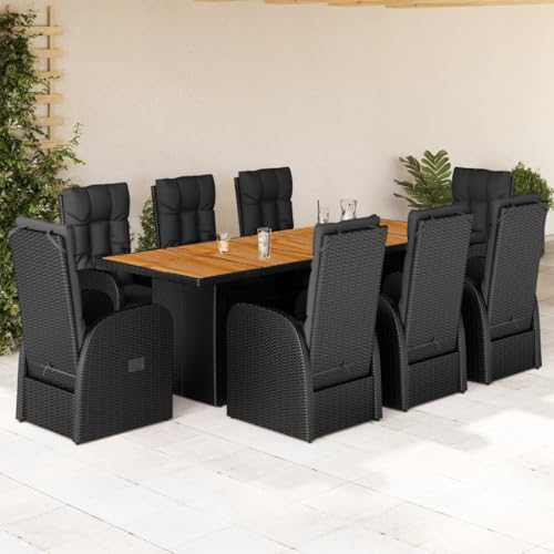 BOWEKAM Möbel, Outdoor-Möbel, Gartenmöbel-Sets, 9-teiliges Garten-Ess-Set mit Kissen, schwarzes Polyrattan von BOWEKAM