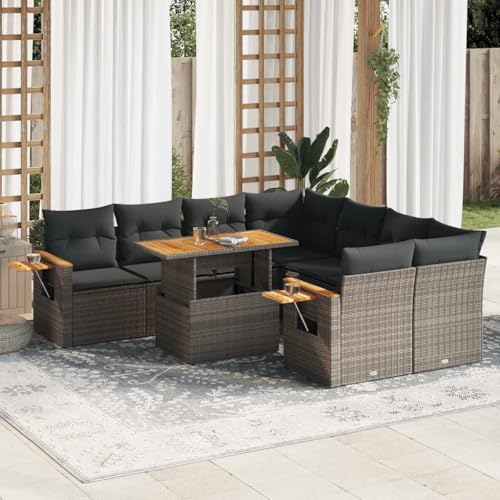 BOWEKAM Möbel, Outdoor-Möbel, Gartenmöbel-Sets, 9-teiliges Gartensofa-Set mit Kissen, graues Polyrattan-Akazie von BOWEKAM