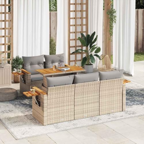 BOWEKAM Outdoor Möbel Sets - 6-teiliges Gartensofa-Set mit Kissen Beige Poly Rattan Akazie von BOWEKAM