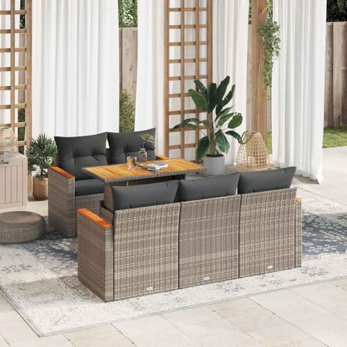 BOWEKAM Outdoor Möbel Sets - 6-teiliges Gartensofa-Set mit Kissen grau Poly Rattan Akazie von BOWEKAM