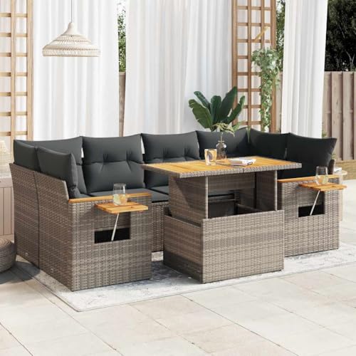 BOWEKAM Outdoor Möbel Sets - 7-teiliges Gartensofa-Set mit Kissen grau Poly Rattan Akazie von BOWEKAM