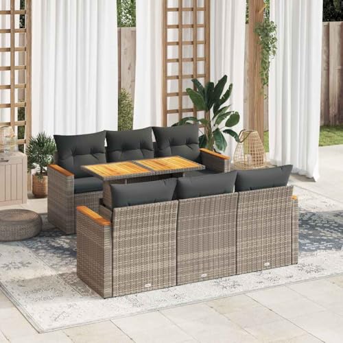 BOWEKAM Outdoor Möbel Sets - 7-teiliges Gartensofa-Set mit Kissen grau Polyrattan Akazie von BOWEKAM