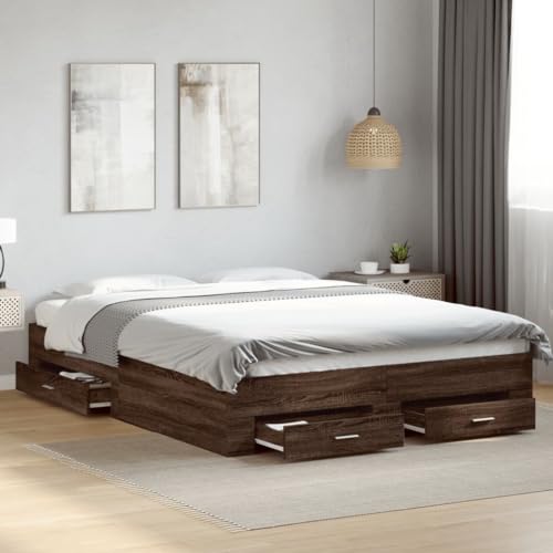 Möbel, Betten & Accessoires, Betten & Bettrahmen, Bettgestell mit Schubladen ohne Matratze, Braun Eiche, 160 x 200 cm von BOWEKAM