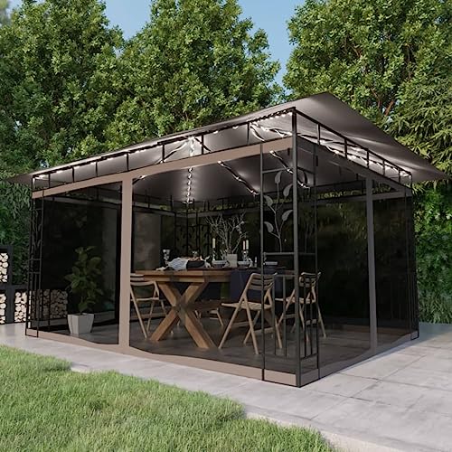 Pavillon mit Moskitonetz & LED-Lichterkette 4x3x2,73m Taupe von BOWEKAM
