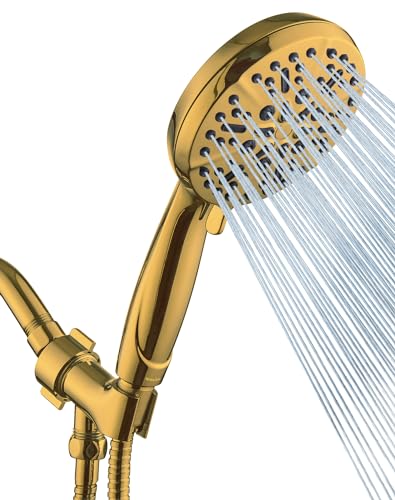 Goldener Duschkopf mit Handbrause mit hohem Druck - Der Regenduschkopf mit hohem Durchfluss mit extra 152,4 cm langem Schlauch und verstellbarem Überkopf-Messinghalter Anti-Verstopfungs-Silikondüsen - von BOWGER