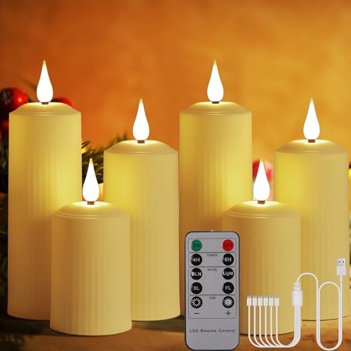 BOWKA 6 Stück LED Kerzen Wiederaufladbar Außenbereich Kerzenlichter mit Fernbedienung Timer Wasserdichte Flackerndes warmweiß Dimmbar Stumpenkerze USB-Kabel für Hause Garten Weihnachten Deko 6er/beige von BOWKA
