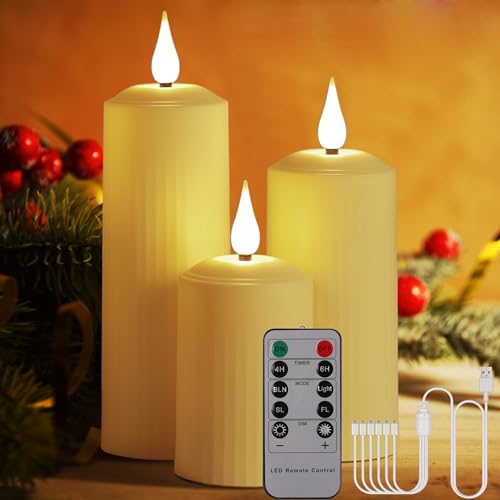 BOWKA LED Kerzen Außenbereich Kerzenlichter wiederaufladbar mit Fernbedienung und Timer Flackerndes warmweiß Dimmbar kabellos Stumpenkerze USB-Kabel Home Saisonale Deko (Beige 3stk./Set), BKZ03-06 von BOWKA