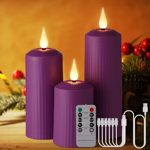 BOWKA LED Kerzen Außenbereich Kerzenlichter wiederaufladbar mit Fernbedienung und Timer Flackerndes warmweiß Dimmbar kabellos Stumpenkerze USB-Kabel Home Saisonale Deko (Lila 3stk./Set) von BOWKA