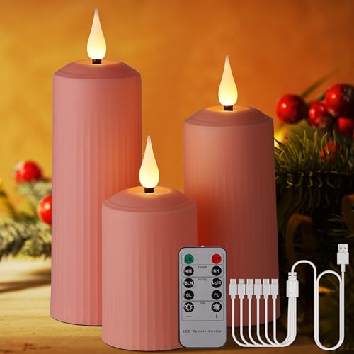 BOWKA LED Kerzen Außenbereich Kerzenlichter wiederaufladbar mit Fernbedienung und Timer Flackerndes warmweiß Dimmbar kabellos Stumpenkerze USB-Kabel Home Saisonale Deko (Rosa 3stk./Set) von BOWKA