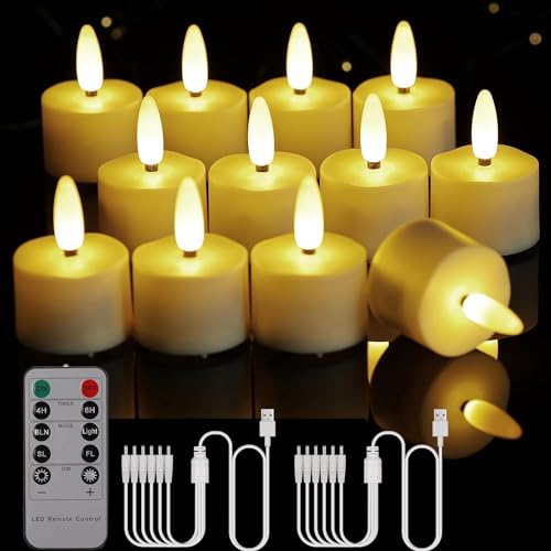 BOWKA Wiederaufladbare Kerzen Teelichter mit Fernbedienung 12 Stück Flammenlose Flackernde kerzen Teelich mit Timer Dimmbar für Weihnachten Party Hochzeit (3D Warmweiß) von BOWKA