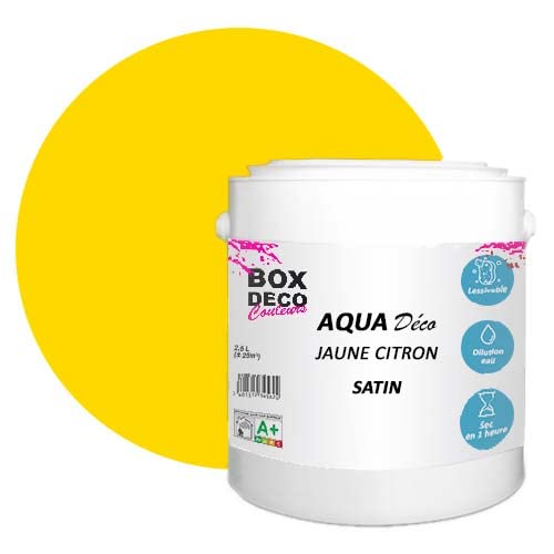 BOX DECO COULEURS Aqua Déco Acrylfarbe, Satin-Optik, 2,5 l/25 m², Zitronengelb von BOX DECO COULEURS