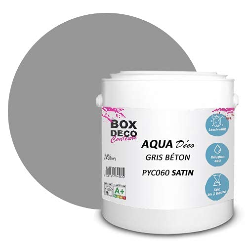 BOX DECO COULEURS Aqua Déco Acrylfarbe, Satinoptik, 2,5 l/25 m², Betongrau von BOX DECO COULEURS