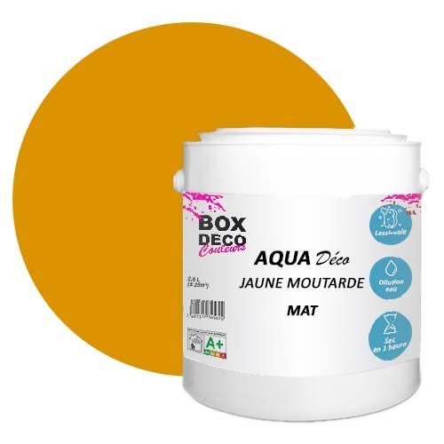 BOX DECO COULEURS Aqua Déco Acrylfarbe, matt, 2,5 l/25 m², Senfgelb von BOX DECO COULEURS