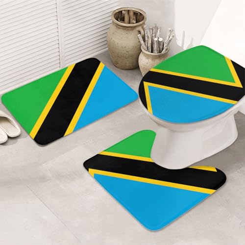 3-teiliges Badezimmerteppich-Set mit Tansania-Flagge, rutschfest, ultraweich, geeignet für Badezimmer, Toiletten, Badewannen, Duschen, Schwarz von BOXILTD