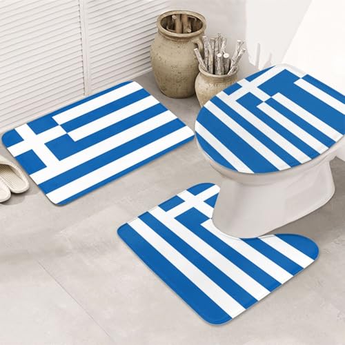 3-teiliges Badezimmerteppich-Set mit griechischer Flagge, rutschfest, ultraweich, geeignet für Badezimmer, Toiletten, Badewannen, Duschen, Schwarz von BOXILTD