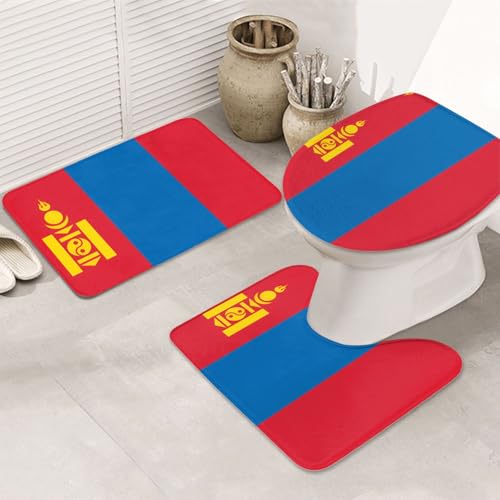 3-teiliges Badezimmerteppich-Set mit mongolischer Flagge, rutschfest, ultraweich, geeignet für Badezimmer, Toiletten, Badewannen, Duschen, Schwarz von BOXILTD
