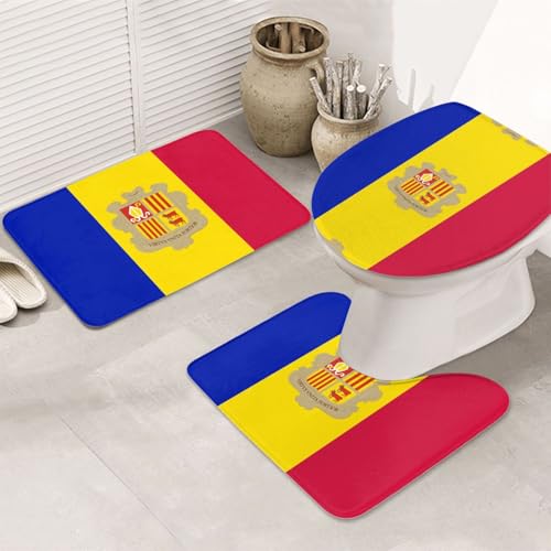 Flag of Andorra 3-teiliges Badezimmerteppich-Set, rutschfest, ultraweich, geeignet für Badezimmer, Toiletten, Badewannen, Duschen, Schwarz von BOXILTD