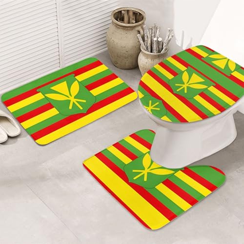 Native Hawaii-Flagge 3-teiliges Badezimmerteppich-Set – rutschfeste ultraweiche Teppichmatten, geeignet für Badezimmer, Toiletten, Badewannen, Duschen, Schwarz von BOXILTD