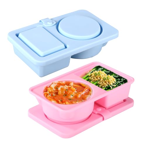 2 Wiederverwendbare Snackbehälter aus Silikon, Snackboxen mit Doppelfach und Deckel Gewürzbehälter Geeignet für Obst Brot Kekse Marmelade Joghurt Salat (Blau, Rosa) von BOXOB