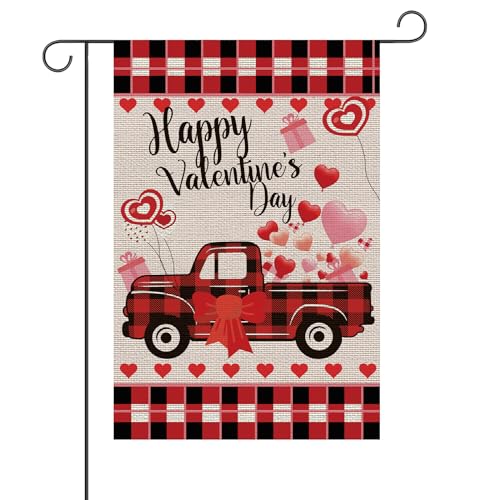 30x46cm Valentinstag Gartenflagge, Liebesherz Gartenflagge Happy Valentine's Day mit Niedlichen Karierten LKW-Mustern Terrassen Außendekorationen für Jubiläums Heimdekoration von BOXOB