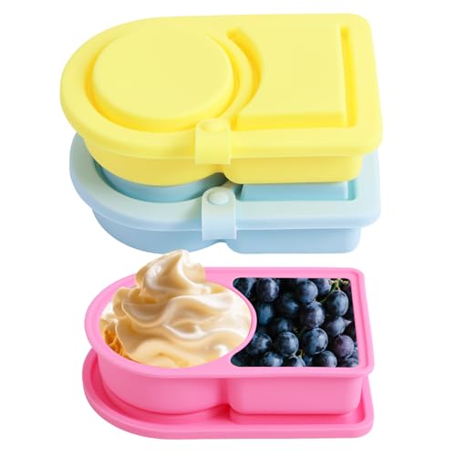 3stk Silikon Snack Behälter mit Deckel, 2 Fächer Wiederverwendbare Mini Snackbox BPA-frei Tragbare Snackbehälter zur Lebensmittelaufbewahrung für Mittagessen Reisen Schule(Gelb, Blau, Rosa) von BOXOB