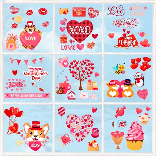 9 Bögen Valentinstag Fensteraufkleber, 20 x 30 cm Doppelseitig Cartoon-Fensterdekorationen Süß Tiere Herz-Fensteraufkleber für den Valentinstag Partyzubehör (Set 1) von BOXOB
