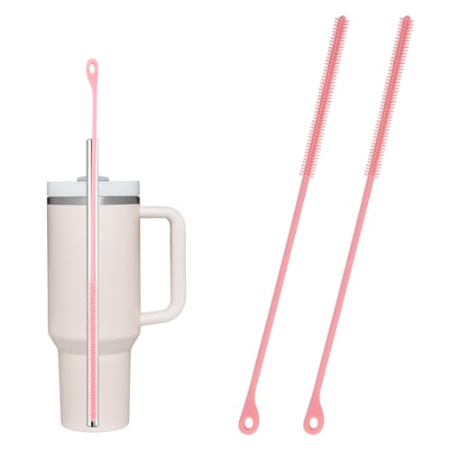 BOXOB 2stk Silikon Strohhalm Reinigungsbürste, 24cm Extra Lange Wiederverwendbare Bürste für Stanley Metall Glas Strohhalme Biegsames Reinigungswerkzeug für Flaschendeckel Spalten Rohre (Rosa) von BOXOB