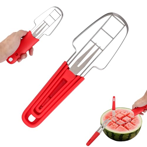 BOXOB 3-in-1 Wassermelonenschneider, Edelstahl Wassermelonen Eis-am-Stiel-Schneider Multifunktionales Tragbares Obst Melonengabel Schneidemesser für Zuhause Picknick Camping Küchengeräte von BOXOB