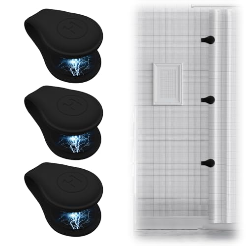 BOXOB 3stk Magnetische Duschvorhang-Clips aus Silikon, Duschvorhang-Magnete Selbstklebend Winddicht Spritzschutz Gewichtsclip Badezimmerzubehör für Zuhause (Schwarz) von BOXOB