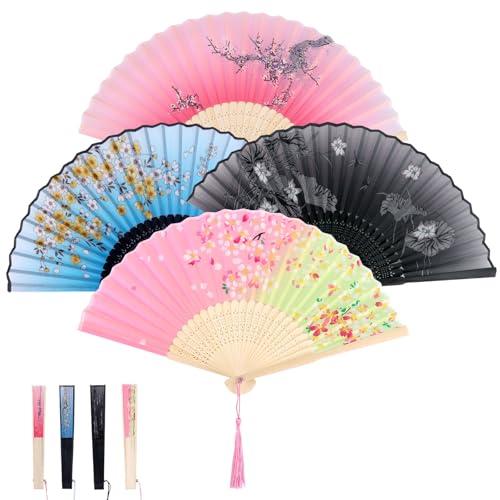 BOXOB 4stk Handfächer mit Blumenmuster und Quasten, Faltbarer Fächer für Damen im Chinesischen Stil Faltbare Handfächer mit Blumenmuster Geschenke für Hochzeitsfeiern Line Dance von BOXOB