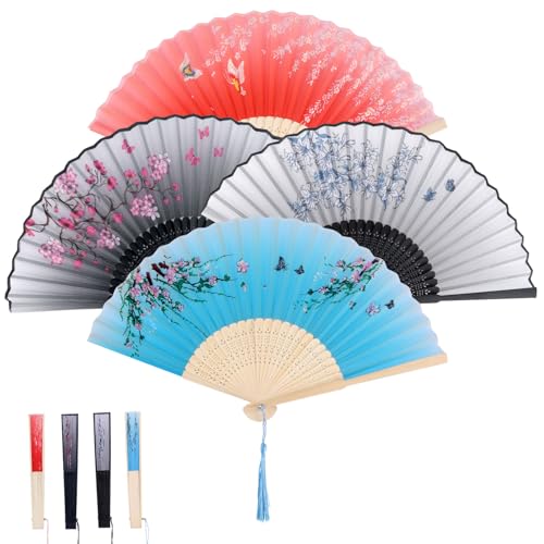 BOXOB 4stk Handgehaltene Faltfächer mit Blumenmuster, Ausgehöhlter Handfächer aus Holz im Chinesischen Stil Retro-Muster mit Quaste für Damen Line Dance Cosplay-Zubehör Hochzeits Partygeschenke von BOXOB