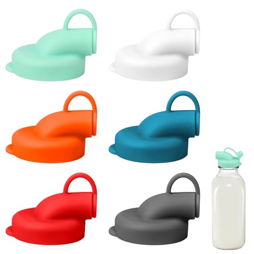 BOXOB 6stk Silikon Milchflaschen Spenderkappen, 48 mm Durchmesser Auslaufsichere Ausgießerdeckel Wiederverwendbare Ersatzkappe mit Ausgussdeckel Verschrauben für Glasflaschen Getränke (6 Farben) von BOXOB