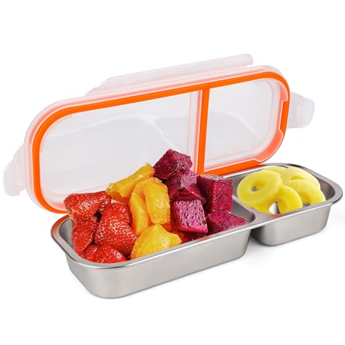 BOXOB Snack Behälter Edelstahl mit Deckel, Doppelfach Snackbehälter zum Mitnehmen Wiederverwendbar Metall Snackbox für Schule Büro Reisen Picknick Essenszubereitung von BOXOB