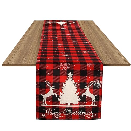 Büffel Karo Weihnachtstischläufer, 33x183cm Rot und Schwarz Kariert Weihnachts Tischdecke Weihnachtsdekoration Tisch aus Leinen mit Schneeflocken Weihnachtsbaum Elchen Mustern von BOXOB