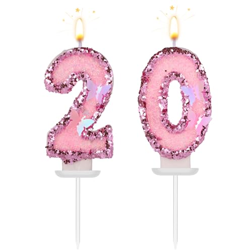 Geburtstags-Zahlenkerzen, 7,5cm Glitzer Schmetterling Alles Gute zum Geburtstag Kuchenaufsatz Rosa Pailletten Hochzeits Zahlen-Cupcake Dekorationen für Jubiläumsfeier Partyzubehör (20) von BOXOB