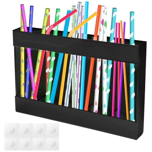 Trinkhalm Halterung, Acryl Strohhalmhalter-Spender mit Doppelseitigem Klebeband Wiederverwendbar Aufbewahrungsbox für Strohhalme aus Glas für Theke Schrank Küche (Schwarz) von BOXOB
