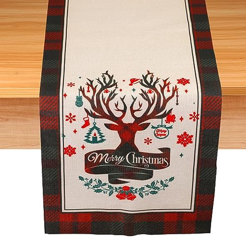 Weihnachts Tischläufer, 184x35cm Weihnachts Tischdecke Merry Christmas Tischläufer Leinen Weihnachtsdekoration Tisch für Esstisch Dinner-Party (Weißer Elch-Stil) von BOXOB