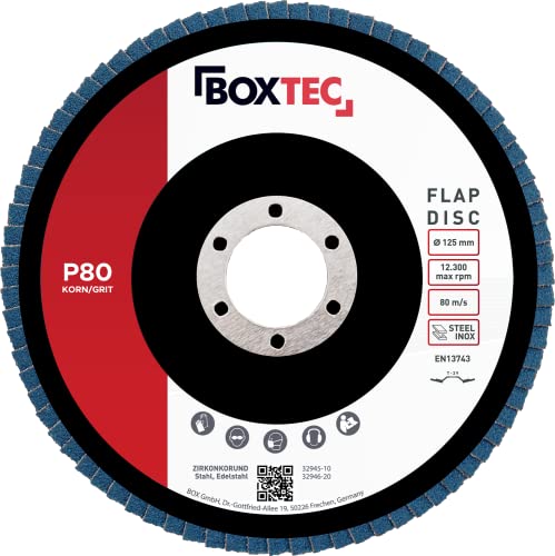 BOXTEC Profi-Fächerscheiben BLAU 125mm INOX Lamellenscheiben Schleifscheiben, Körnung:P80-10er Pack von BOXTEC
