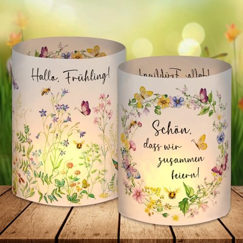 12 Windlicht Tischdeko, Frühlingsdeko Osterdeko Innen, Schmetterlinge Blumen Deko Frühling Ostern, Modern Dekoration Frühling Grün, Party Deko Tisch Set, Geeignet für Teelichter Oder Kerzen von BOYATONG