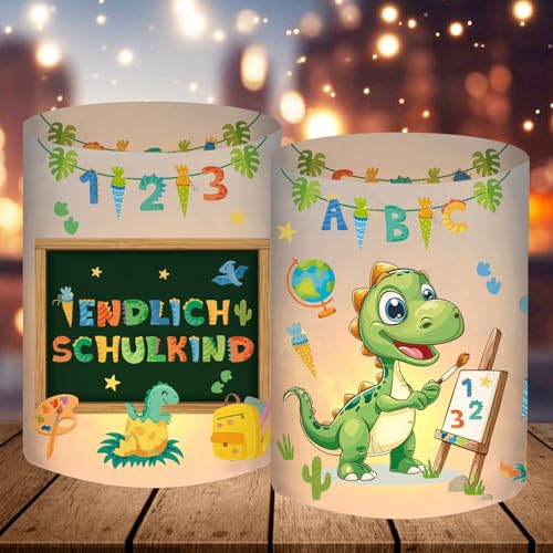 12 Windlicht Tischdeko Einschulung Junge, Endlich Schulkind 2025 Deko, Schuleinführung Einschulungsdeko mit Motiv Dino ABC, Tisch Deko Schulanfang Jungen, Geeignet für Teelichter oder Kerzen von BOYATONG