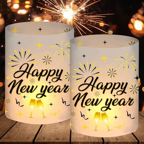 12 Windlicht Tischdeko Silvester, Happy New Year Deko Gold, Silvester Deko 2025, Silvesterdeko Kinder Party Set, Neujahr Decoration Party Zubehör, Geeignet für Teelichter oder Kerzen von BOYATONG