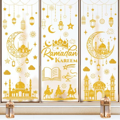 9 Blätter Ramadan Deko Fensteraufkleber, Eid Mubarak Sticker Deko, Ramadan Kareem Fensterbilder Halbmond & Sterne, Al-Fitr Selbstklebende Fensterdekoration für Islam Muslim Feier von BOYATONG