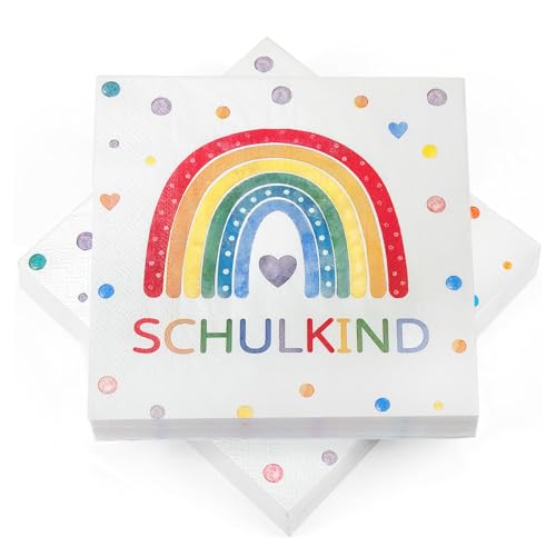 40 Stück Servietten Einschulung Regenbogen, Tischdeko Einschulung Servietten "SCHULKIND" Deko 2025 Mädchen Junge, Schulanfang Deko, Regenbogen Party, 33 x 33 cm von BOYATONG