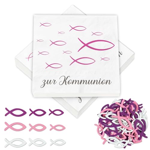 40 Stück Servietten Kommunion + 60 Holzfische Set, Kommunion Deko Mädchen Rosa Weiß, Streudeko Tischdeko, Erstkommunion Party Geschenke Gastgeschenke, 3 Farben Holz Fisch, Kommunionsgeschenke von BOYATONG