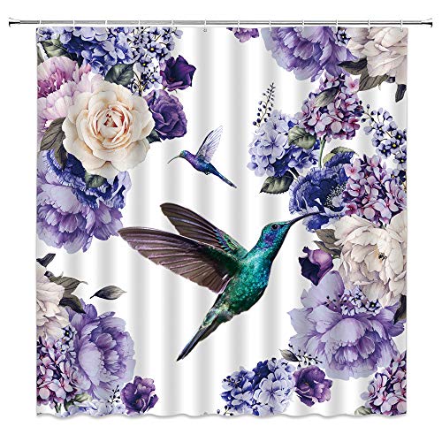 BOYIAN Duschvorhang mit Kolibri-Blume, romantisch, lila, lila, Kamelie, Pfingstrose, Blatt, Violett, Blumen, Vogel, Frühling, Naturstoff, Badevorhänge, Badezimmer, Polyester mit Kunststoffhaken, 178 x von BOYIAN