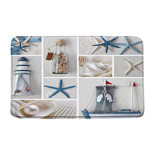 Nautische Badematte Seestern Strand Muschel Leuchtturm Ozean Thema Meereswelt Blau Weiß Mikrofaser Memory Foam Badezimmer Dekor Matte rutschfeste Unterseite 50,8 x 78,9 cm von BOYIAN